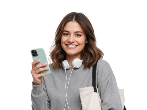 Smiling young woman with headphones and a tote bag using her mobile phone isolated transparent