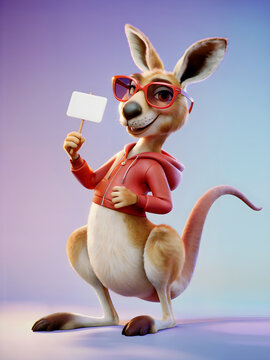  catroon style kangaroo with sunglasses and holding placard