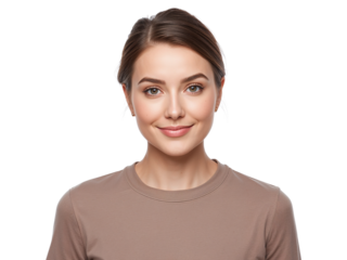 Isolated portrait of a young woman with a gentle smile against a transparent backdrop