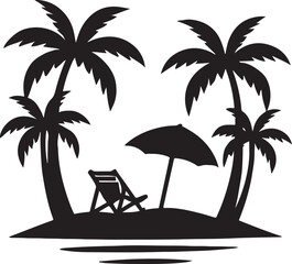 Obraz premium Palm Tree Silhouette with Beach Chair and Umbrella, Tropical Island Scenery Symbol in Minimalist Black and White Vector-Like Graphic for Summer Design