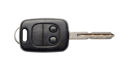 A car key with worn buttons and keychain loop