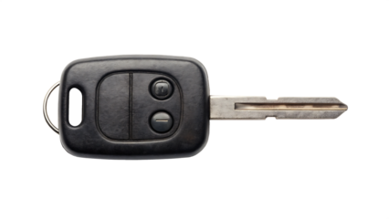 A car key with worn buttons and keychain loop