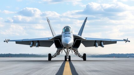 Fototapeta premium Fighter jet on runway under partly cloudy sky