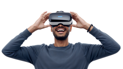Immersed in Virtual Reality A Man's Joyful Experience Wearing VR Headset on Isolated Transparent