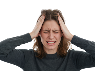 Woman experiencing intense headache pain with fingers on temples, emotional stress, transparent