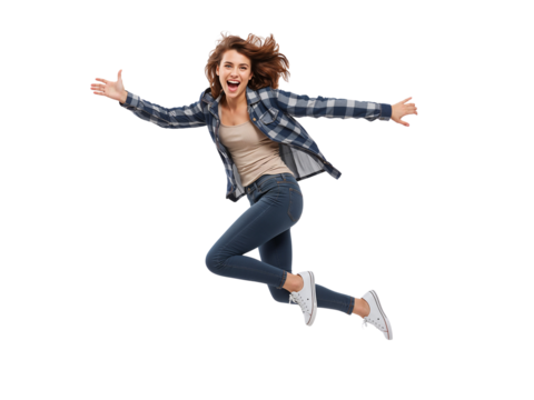 Joyful levitation portrait of a carefree young woman expressing euphoria on transparent background