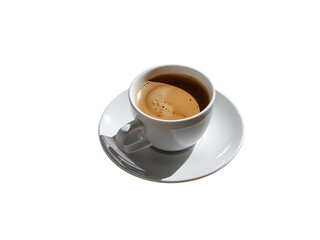 Aromatic coffee in a white ceramic cup with refined crema on transparent emptiness, refreshment