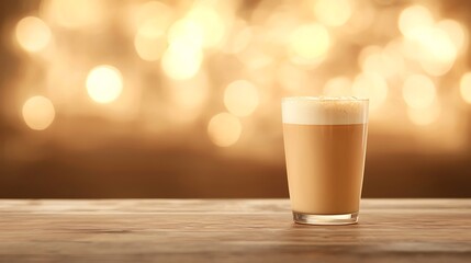 A tall glass of creamy latte with warm bokeh lights