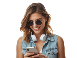 Trendy young woman engrossed in her smartphone with a beaming smile and headphones, showcasing