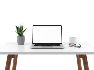 Modern workplace setup featuring a laptop, plant, and coffee mug on a sleek white desk