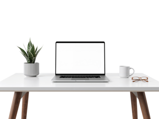 Minimalist home office setup with laptop, plant, coffee mug, and glasses on a white table on