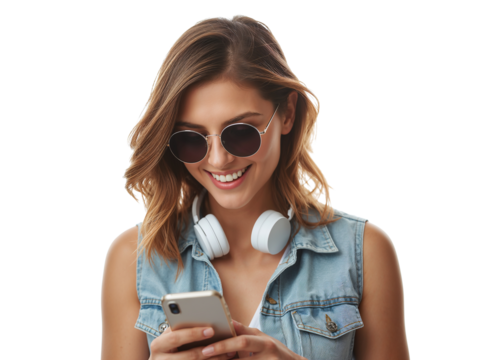 Trendy young woman engrossed in her smartphone with a beaming smile and headphones, showcasing