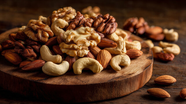 木の台に盛られたアーモンド・カシューナッツ・くるみのミックスナッツ - Powered by Adobe