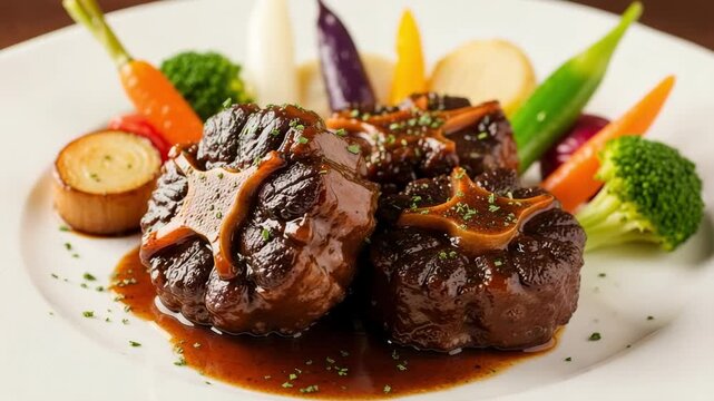 Braised Oxtail with a rich red wine sauce and colorful vegetables. Gourmet fine dining meal on a white plate, a classic European stew.