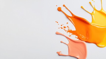 Bright orange, peach, and yellow paint splashes create vibrant and artistic display on clean white background, evoking creativity and energy