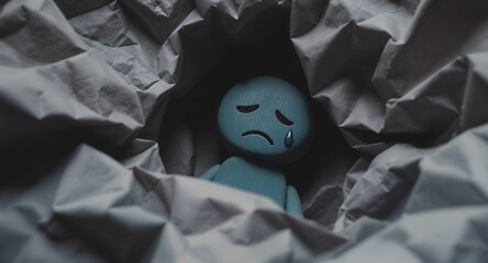 Sad Figurine in Crumpled Fabric Emotional Stock Photo for Mental Health Awareness