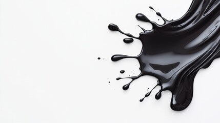 Splash of black paint creates striking visual on white background, showcasing fluidity and texture of ink. contrast evokes sense of creativity and artistic expression
