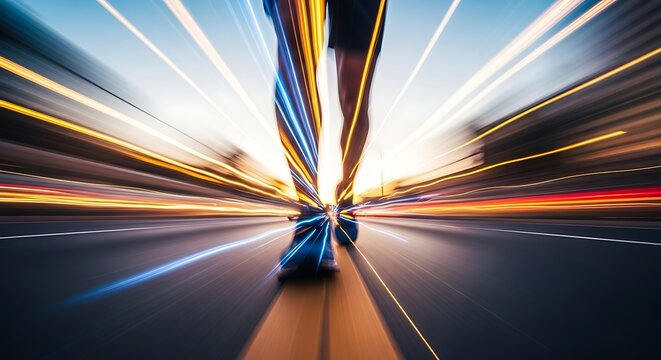Dynamic runner sprinting forward with vibrant light trails, representing speed and motion