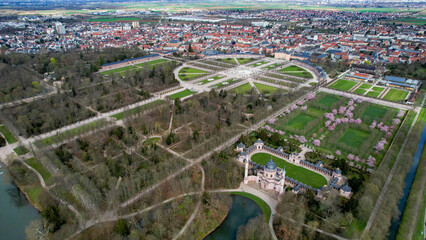 Aerial view around the old town of Schwetzingen in Germany in early spring for the cherry blossom season