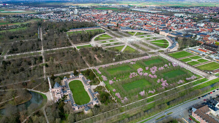 Aerial view around the old town of Schwetzingen in Germany in early spring for the cherry blossom season