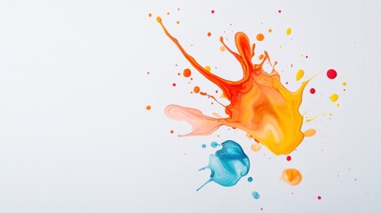 Colorful paint splashes create vibrant and dynamic composition, showcasing shades of orange, blue, and yellow. energetic movement evokes creativity and artistic expression