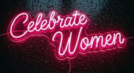 Empowering women celebrate with pink neon sign on a rainy glass background for International Women's Day