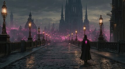 Obraz premium Mysterious cloaked figure walks down a rainy cobblestone street lined with gas lamps