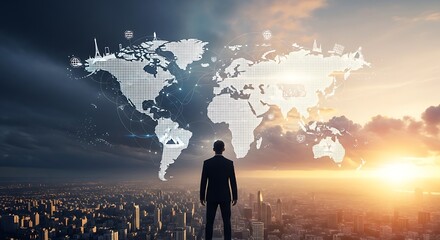 Visionary businessman overlooking global network and cityscape at sunset, strategic thinking concept