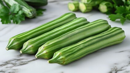 Fresh green okra pods arranged on a marble surface, with other okra and parsley visible in the background
