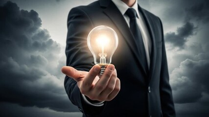 Businessman holding a glowing light bulb in his hand against a stormy sky background concept idea - Powered by Adobe
