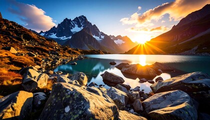 Obraz premium Sunset over a serene alpine lake, reflecting the golden light on its still surface, with rocky shores and majestic snow-capped mountains in the background