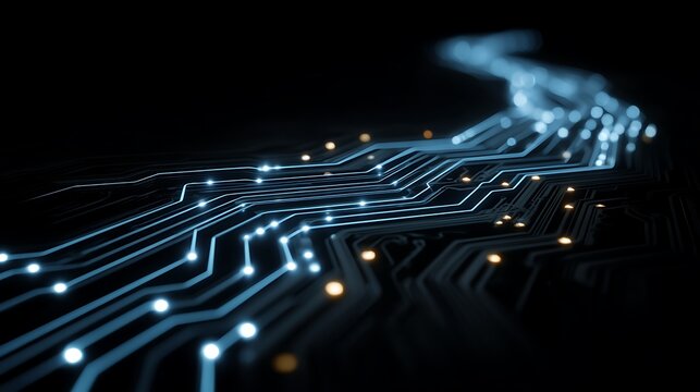 Futuristic Cyber Monday abstract background with glowing blue neon circuits, digital data stream flowing through high tech network, empty space for text, modern technology design.