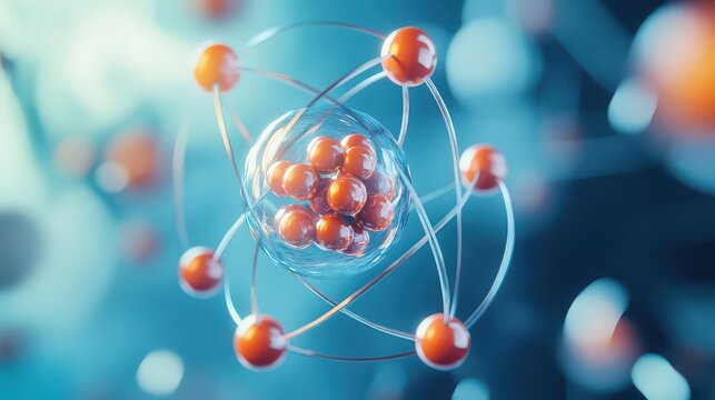 An atom model with orange spheres orbiting a central nucleus on a blurred blue background render - Powered by Adobe