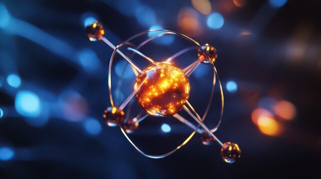 Glowing atom model with orange center and orbiting spheres against a blurred blue background