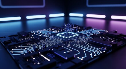 Modern computer processor with glowing circuit board, futuristic tech design concept