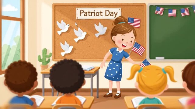 Small classroom scene where teacher pins paper doves and flags on bulletin board labeled Patriot Day