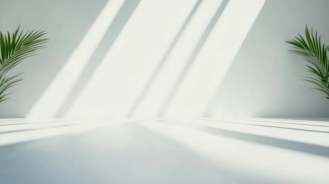 Light and shadow play on a white wall with palm plants