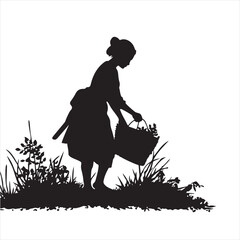 Black Silhouette of a Woman Harvesting Fresh Produce in Her Garden – Vector Illustration