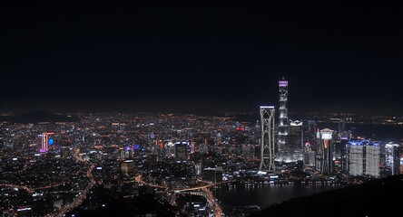 Obraz premium Stunning Night Cityscape Illuminated Skyline, Modern Architecture, Vibrant Lights