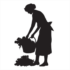 Black Silhouette of a Female Gardener Harvesting Fresh Produce – Vector Illustration