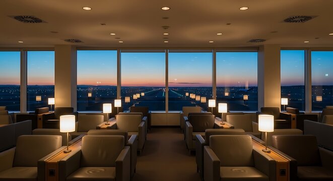Luxury airport lounge with sunset views, perfect for travel, relaxation, and business