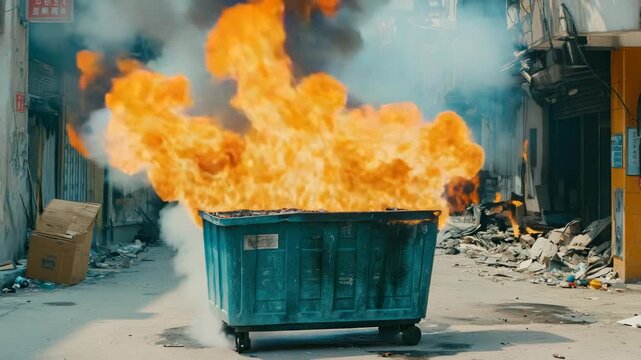 A dumpster ablaze in a derelict urban alley