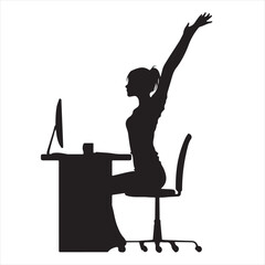 Silhouette of a Woman Worker Stretching Arms at Work Desk – Vector Illustration