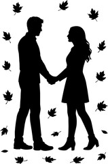 Man and Woman Holding Hands ? Autumn Love Silhouette Design in black and white silhouette with white background 
