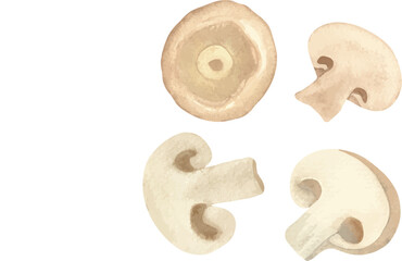 Watercolor illustration set of whole mushrooms, sliced mushrooms, chopped mushrooms, and mushroom halves, ideal for grocery packaging, recipe cards, restaurant menus, and culinary projects.