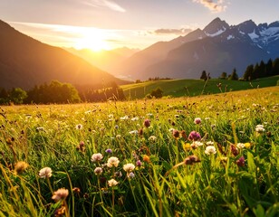 Sunset over a vibrant wildflower meadow nestled in a mountainous valley