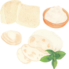 Vector watercolor composition of Ricotta, Mascarpone, Mozzarella, and fresh basil leaves, for Italian cuisine packaging, pasta recipe illustrations, pizza menu designs, and Mediterranean cooking proje