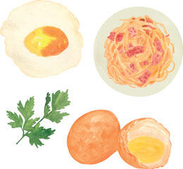 Watercolor composition of pasta carbonara with bacon, fried egg, and parsley