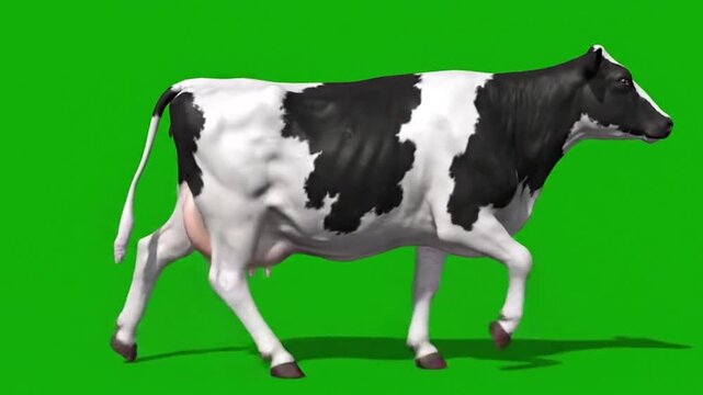 Detailed 3D Model of a Realistic Holstein Cow Trotting in Place on a Green Screen for Visual Effects. cow animation.
