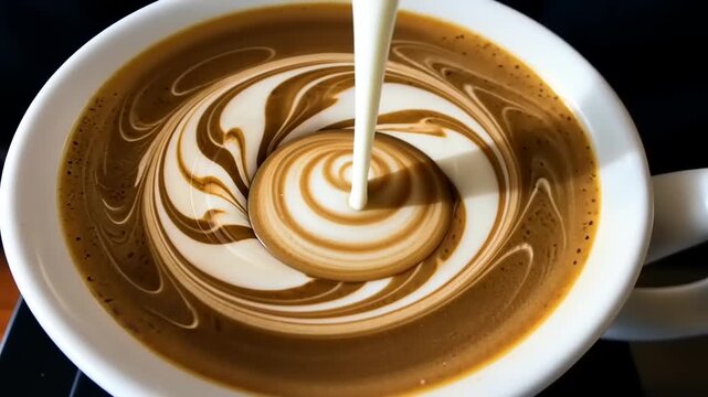 Close-up of swirling coffee and cream in a white cup, showcasing intricate patterns and textures